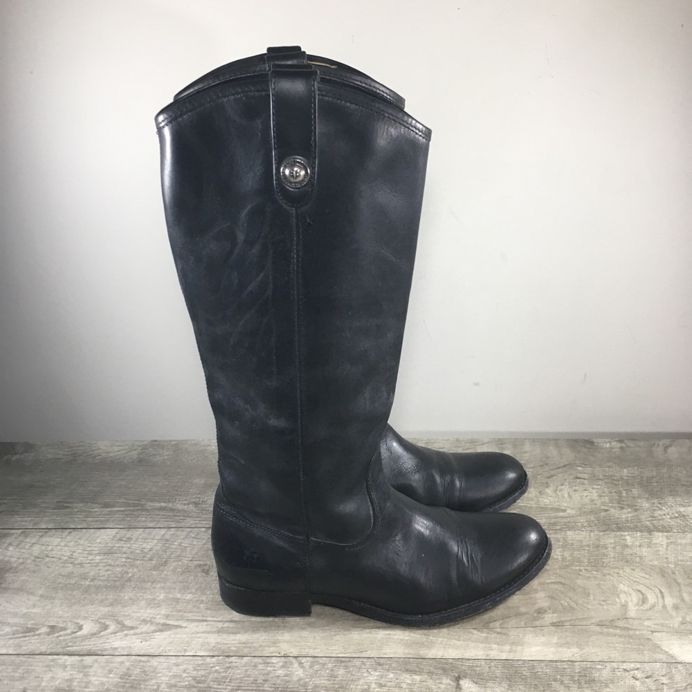 Frye #77167 Melissa Button Lug Leather Womens Black Tall Riding Biker Boots 10